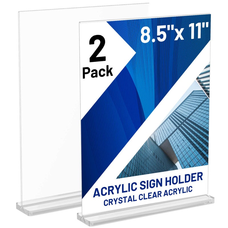 Comkrivy Acrylic Sign Holder 8.5 x 11 Inch Vertical T Shape Display Stand Double-Sided Desktop Clear Sign Holders Paper Holder Table Menu Holders Plastic Sign Stand for Home, Office, Restaurants, Store, 2-Pack - Image 1